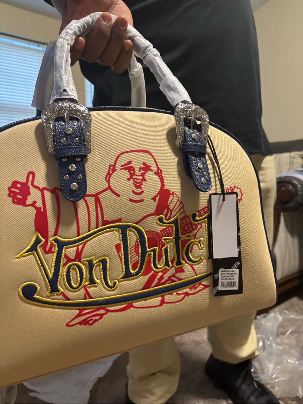 Von Dutch Cream, Red & Navy Logo Dome Duffel